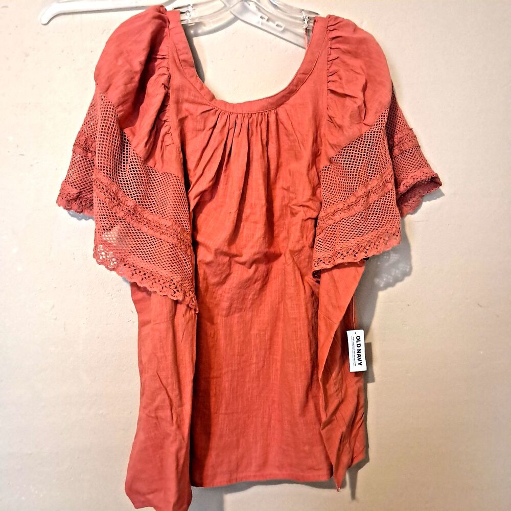 Old Navy Top Size 4X Orange Crochet Lace Button Front Flutter Sleeve Cottagecore